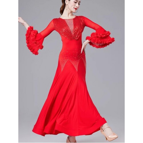 Women girls black red sequins ballroom dance dresses for female flare sleeves waltz tango foxtrot smooth dance long gown for female